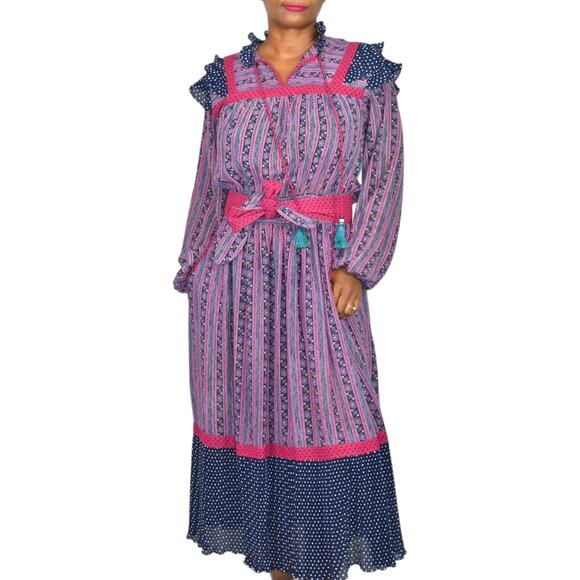 Vintage Mosaic Midi Dress Purple Mix Print Sheer Chiffon Blouson Peasant Medium - Picture 16 of 16